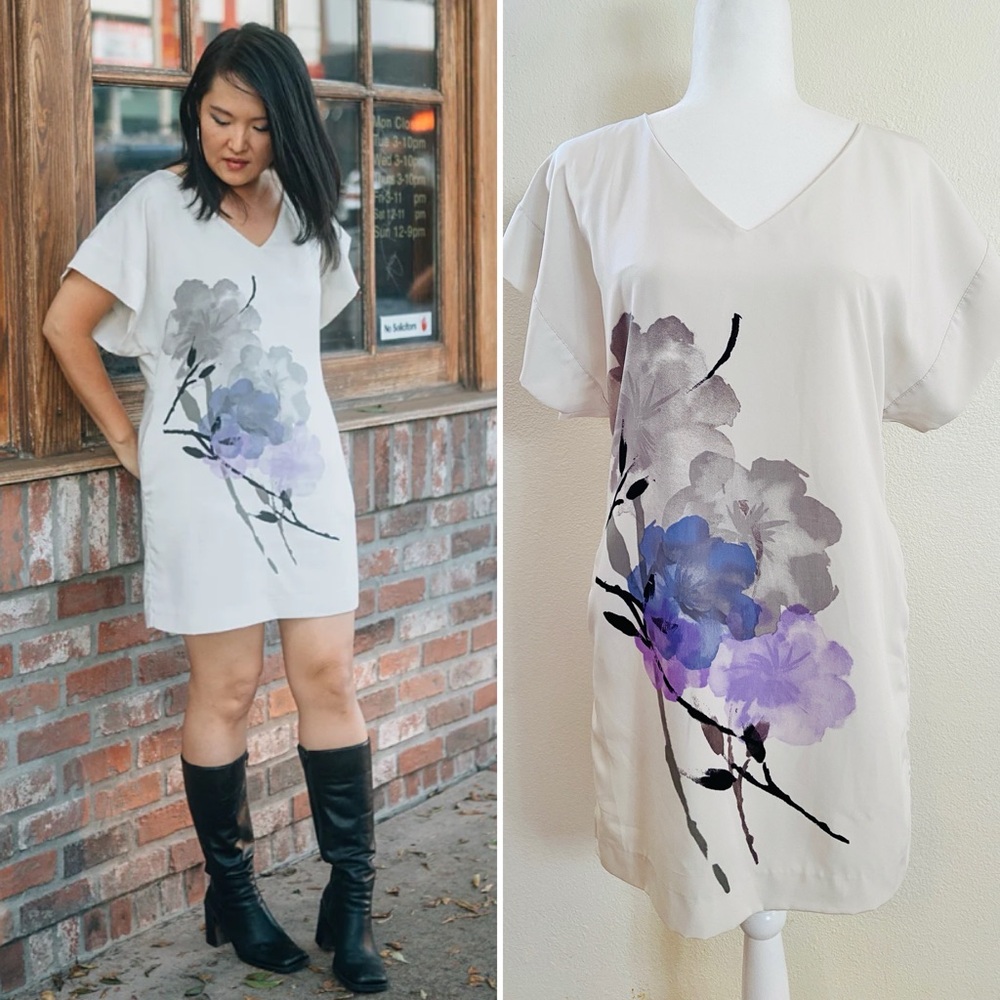 New York & Company Cream Floral Print Shift Dress